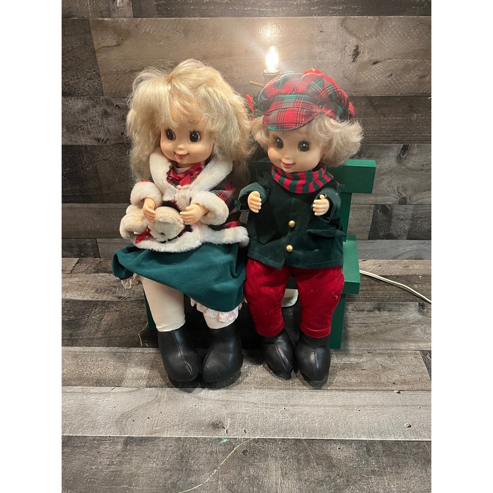 Vintage Christmas Animated Boy Girl on Bench Lamp Post Holiday Decor Light Up